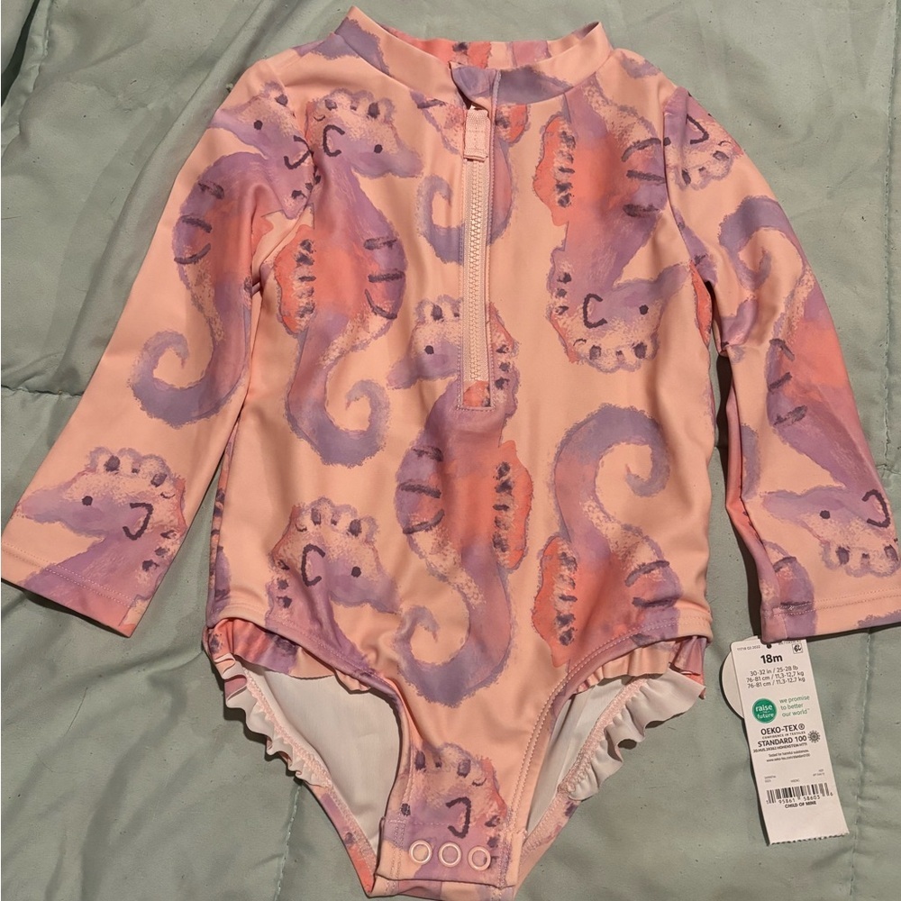 Carter's Pink and Purple Cat Print Rashguard Swimwear